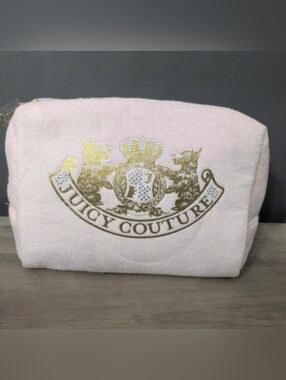 Juicy Couture Light Pink Plush Makeup Pouch with Gold Crest